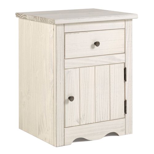 Mesa de Cabeceira de Madeira Maciça com 1 Porta e 1 Gaveta Branco Envelhecido