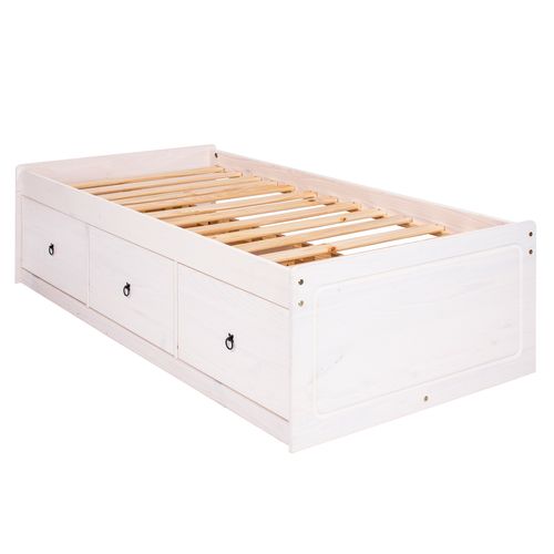 Cama de Solteiro com Gaveteiro de Madeira Branco Lavado