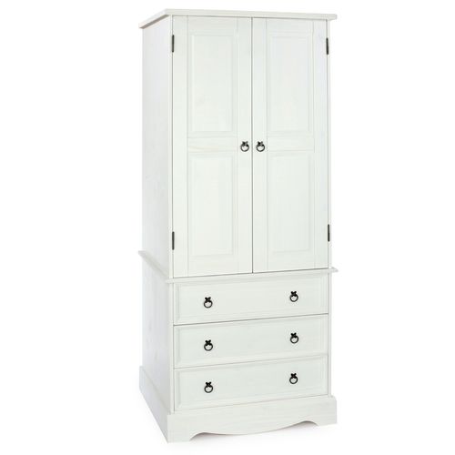 Guarda Roupa de Madeira com 2 portas e 3 gavetas na cor branco lavado