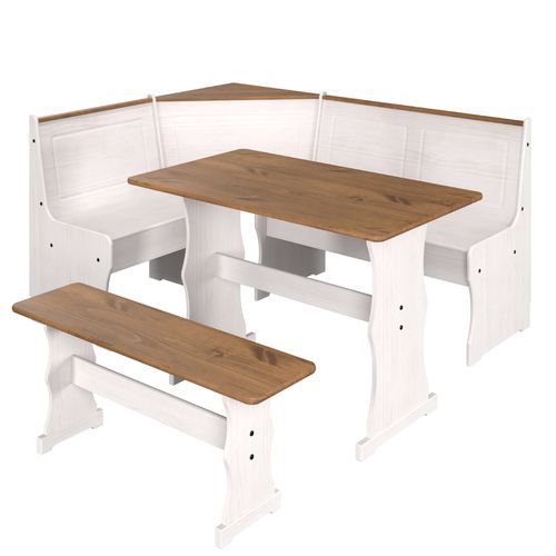 Conjunto de Bancos com Mesa em Madeira Branco Lavado