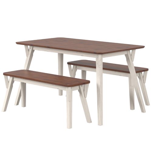 Mesa com 2 Bancos em Madeira Maciça Branco Envelhecido