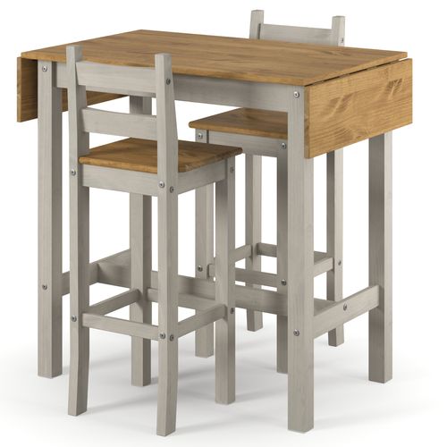 Mesa Alta Extensível e 2 Banquetas de Madeira Maciça Cinza Lavado
