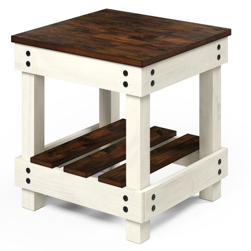 Mesa Lateral de Madeira com Prateleira Branco Envelhecido