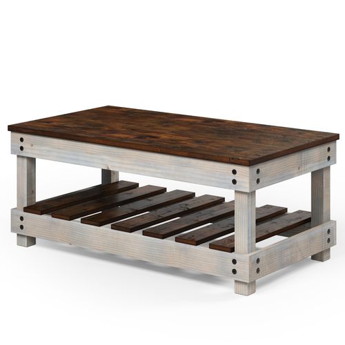 Mesa de Centro de Madeira com Prateleira Cinza Claro Distressado