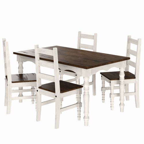 Conjunto de Mesa e 4 Cadeiras Torneadas de Madeira Maciça Branco Envelhecido