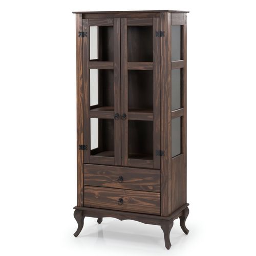 Cristaleira em Madeira Maciça com 2 Portas e 2 Gavetas Tabaco